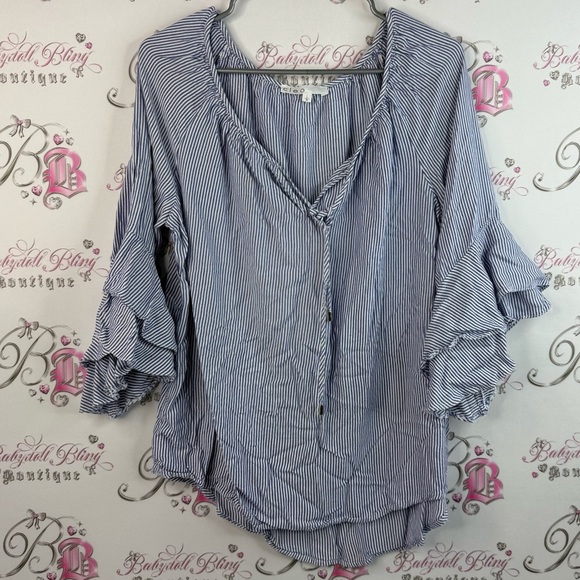 cleo Tops - Cleo long sleeve top ruffles frilly tie up Blue Striped Ruffle Sleeve Top